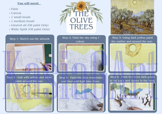 Van Gogh's The Olive Trees Step by step Instructions + FREE Colouring pages