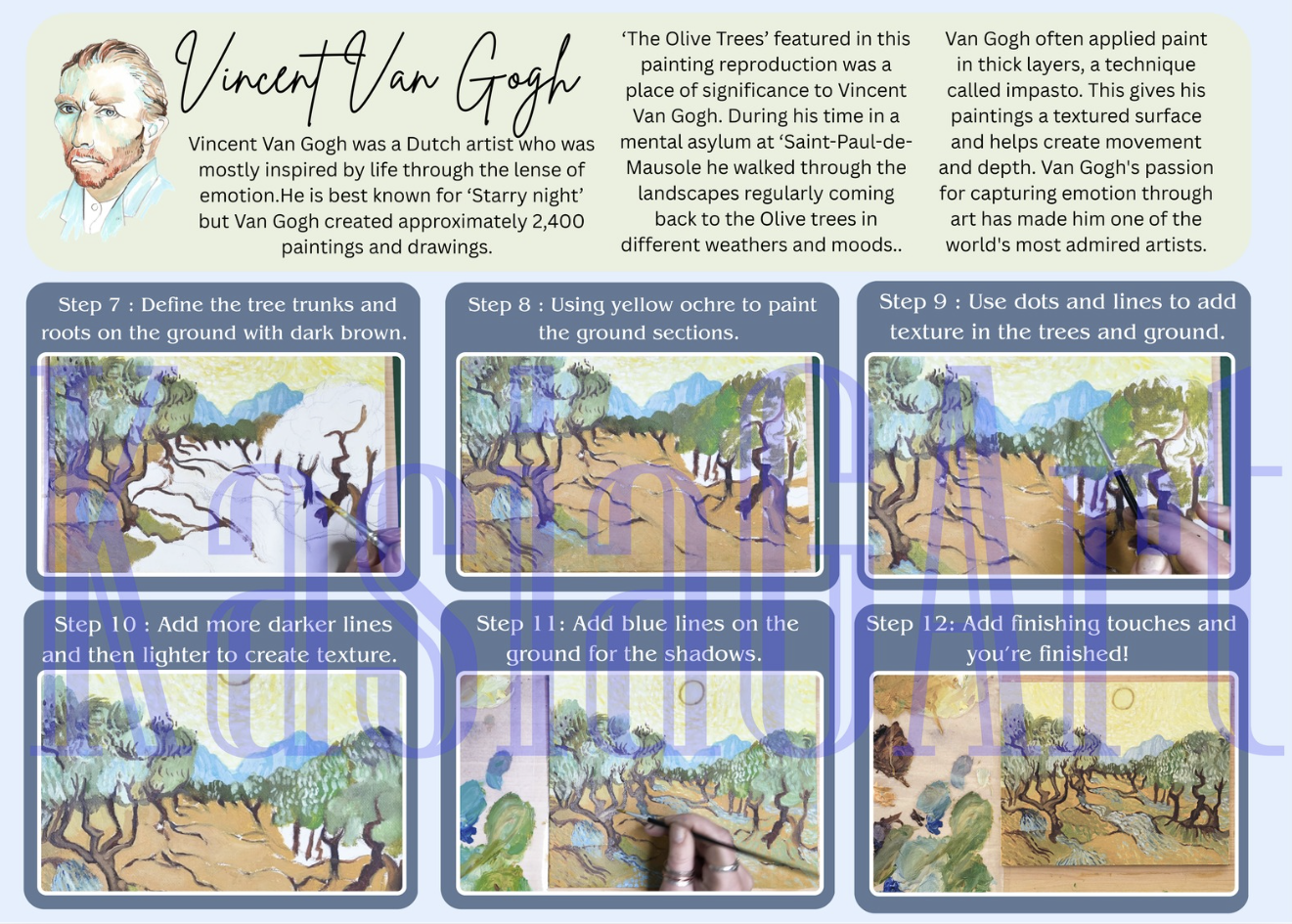 Van Gogh's The Olive Trees Step by step Instructions + FREE Colouring pages