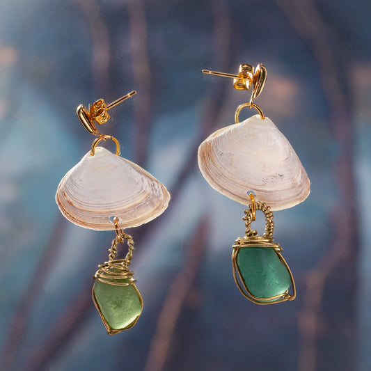 Sea glass shell drop earrings hand wrapped, handmade and handpicked perfect gift for a loved one for birthday, anniversaries or special events 